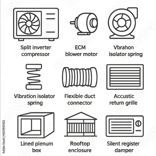 Quiet HVAC Icon Design. Outline style icon of Quiet HVAC Solutions: split inverter compressor, ECM blower motor, vibration