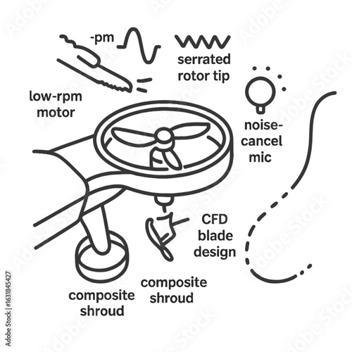 Drone Noise Reduction Icon. Outline style icon of Drone Noise Reduction: low-rpm propeller, serrated rotor tip, ducted fan ring,