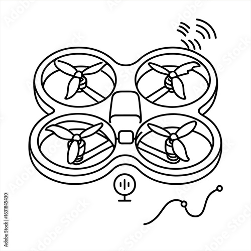 Drone Noise Reduction Icon. Outline style icon of Drone Noise Reduction: low-rpm propeller, serrated rotor tip, ducted fan ring,