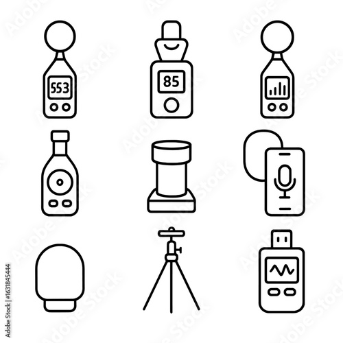 Noise Measurement Tools Icons. Outline style icon of Noise Measurement Tools: class-1 sound level meter, dosimeter badge, octave