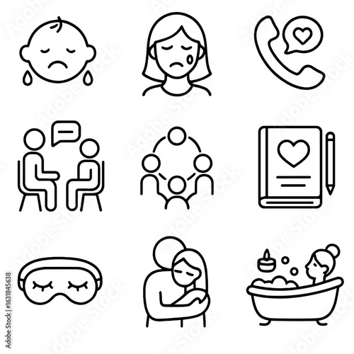 Maternal Mental Health Icons. Outline style icon of Maternal Mental Health: baby blues icon, postnatal depression tear, support
