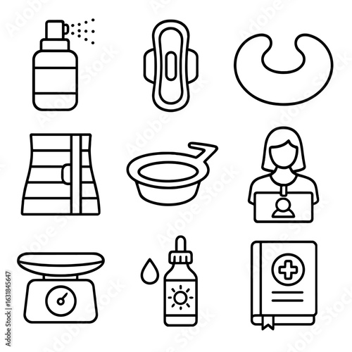 Postnatal Care Icons. Outline style icon of Postnatal Care: perineal spray, postpartum pad, nursing pillow, belly binder, sitz
