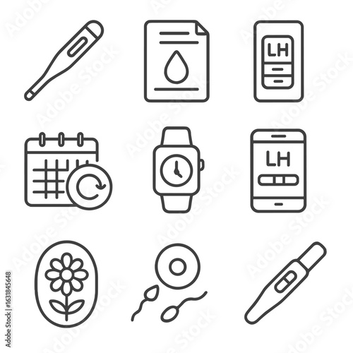 Fertility Tracking Icons. Outline style icon of Fertility Tracking: basal thermometer, cervical mucus chart, ovulation strip,
