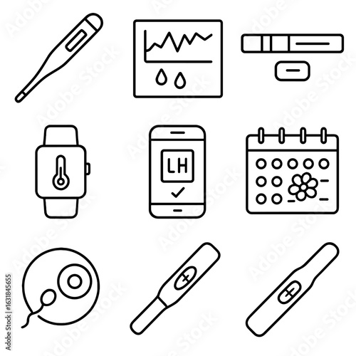 Fertility Tracking Icons. Outline style icon of Fertility Tracking: basal thermometer, cervical mucus chart, ovulation strip,