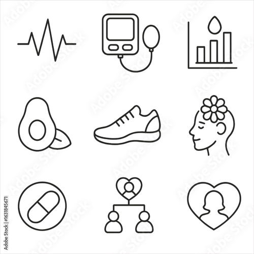 Women's Heart Health Icons. Outline style icon of Heart Health in Women: ECG line, blood pressure cuff, cholesterol chart, healthy