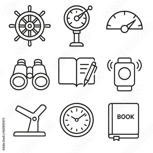 Bridge Tools Icon. Outline style icon of Bridge Watchkeeping Tools: helm wheel, engine telegraph, rudder angle, lookout binoculars