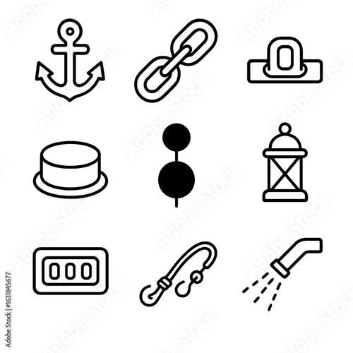 Anchoring Equipment Icons. Outline style icon of Anchoring Equipment Icons: anchor symbol, anchor chain, chain stopper, windlass