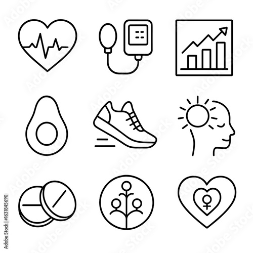 Women's Heart Health Icons. Outline style icon of Heart Health in Women: ECG line, blood pressure cuff, cholesterol chart, healthy
