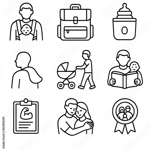 New Dad Essentials Icon. Outline style icon of Fatherhood & New Dad Essentials: baby carrier, diaper bag, bottle warmer, burp