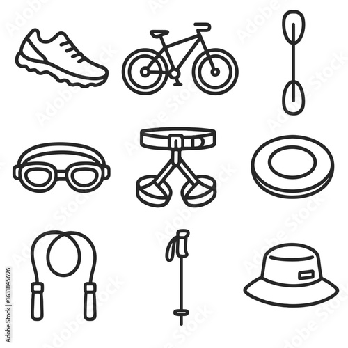 Outdoor Fitness Icon Set. Outline style icon of Outdoor Fitness Activities: trail run shoe, mountain bike, kayak paddle, rock