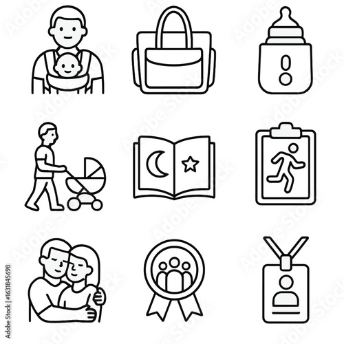 New Dad Essentials Icon. Outline style icon of Fatherhood & New Dad Essentials: baby carrier, diaper bag, bottle warmer, burp