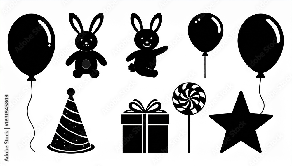 Naklejka premium Vector set of 6 playful black silhouettes: balloon, bunny, lollipop, toy block, party hat, and confetti – perfect for kids’ party themes or playful design accents. 