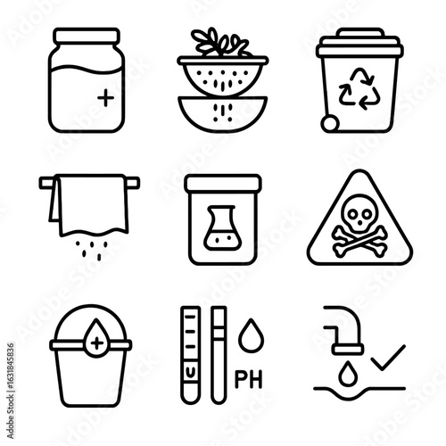 Dye Waste Management Icons. Outline style icon of Dye Waste Management: neutralize bath jar, strain plant pulp, compost bin,