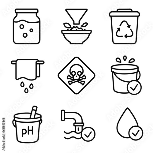 Dye Waste Management Icons. Outline style icon of Dye Waste Management: neutralize bath jar, strain plant pulp, compost bin,