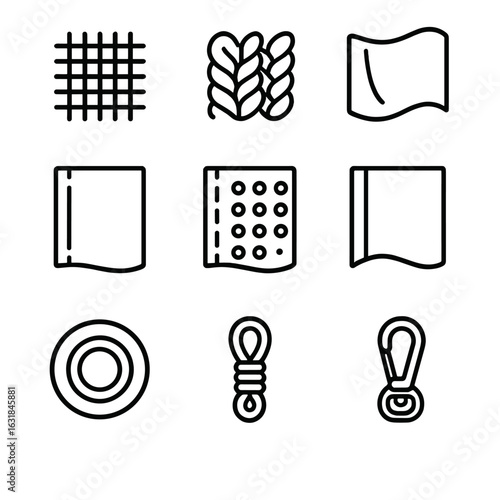 Flag Materials Icons. Outline style icon of Flag Materials & Hardware: nylon weave, polyester knit, cotton bunting, satin