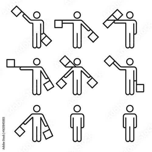 Semaphore Flag Icons. Outline style icon of Semaphore Flag Positions: letter A, letter B, letter C, letter D, letter E, letter F,