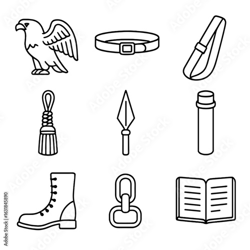 Parade Flag Accessories. Outline style icon of Parade Flag Accessories: brass eagle finial, parade harness belt, baldric strap,