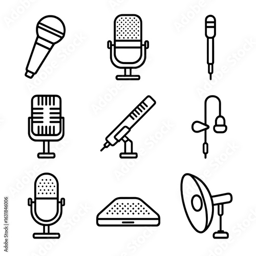 Microphone Icons Outline. Outline style icon of Microphone Types: dynamic mic, large-diaphragm condenser, small-diaphragm