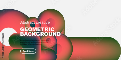 Abstract geometric shapes, vibrant colors, modern design. Text overlay includes title, sample text, button. Minimalist aesthetic.