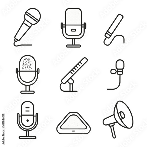 Microphone Icons Outline. Outline style icon of Microphone Types: dynamic mic, large-diaphragm condenser, small-diaphragm