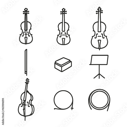 String Section Icons. Outline style icon of String Section: first violin, second violin, viola, cello, double bass, bow stick,