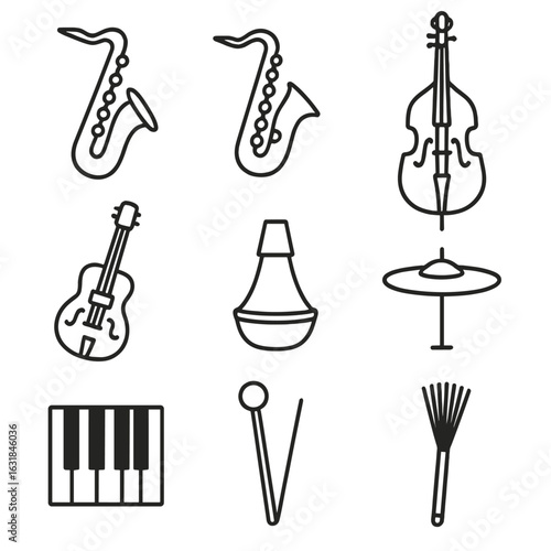 Jazz Instruments Outline. Outline style icon of Jazz Combo Instruments: tenor sax, alto sax, upright bass, jazz guitar, trumpet