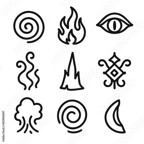 Dark Ether Elements. Outline style icon of Dark Ether Currents: void spiral, black flame, abyss eye, necrotic smoke, shadow spike,
