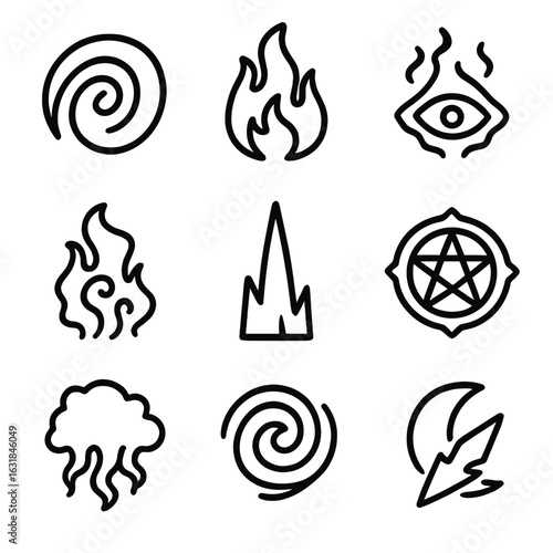 Dark Ether Elements. Outline style icon of Dark Ether Currents: void spiral, black flame, abyss eye, necrotic smoke, shadow spike,
