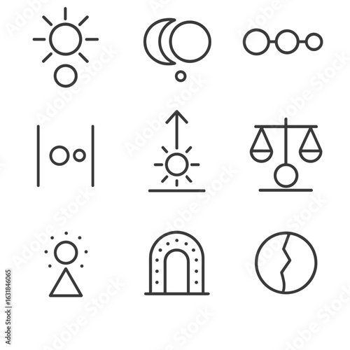 Celestial Alignment Icons. Outline style icon of Cosmic Alignment Forces: solar zenith point, lunar node, planetary conjunction,