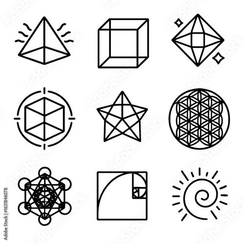 Mystic Geometry Icons. Outline style icon of Mystic Geometry Fields: tetra energy, cube matrix, octa prism, dodeca grid, icosa