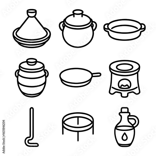 Earthen Cookware Icons. Outline style icon of Earthen Cookware: clay tagine, bean pot, cazuela dish, tandoor jar, comal griddle,