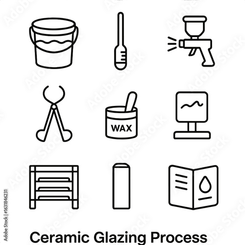 Ceramic Glazing Icon Set. Outline style icon of Ceramic Glazing Process: glaze bucket, hydrometer, dip tong, spray gun, wax resist