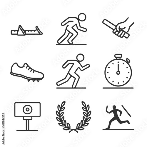 Track Icons Collection. Outline style icon of Track & Sprint Energy: starting block, crouch start, lane marker, baton pass, spike