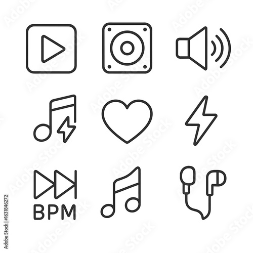 Motivational Playlist Icons. Outline style icon of Motivational Playlist Icons: play button, power beat note, bass speaker, volume