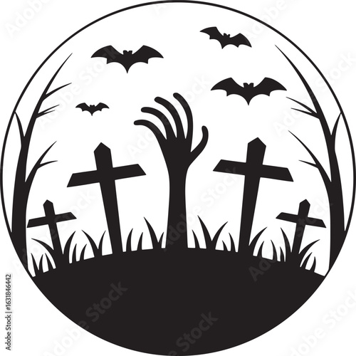 Eerie graveyard silhouette with an undead hand rising from the grave under bats
