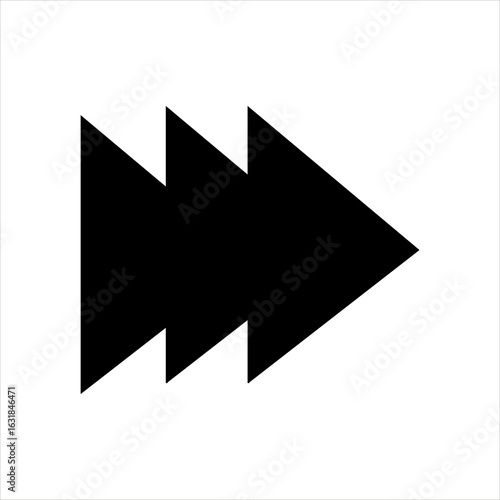 Three bold black triangle arrows pointing right. Fast forward icon for media player interface, skip control button, UI navigation, or digital speed symbol.