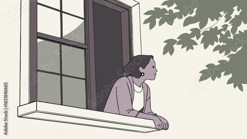 Woman Looking Out Window with Tree Leaves Illustration.