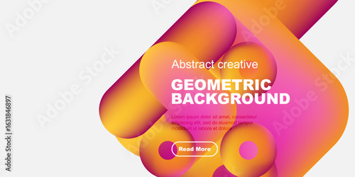 Abstract geometric shapes, vibrant colors, modern design. Text includes geometric background, plus sample lorem ipsum, button visible.