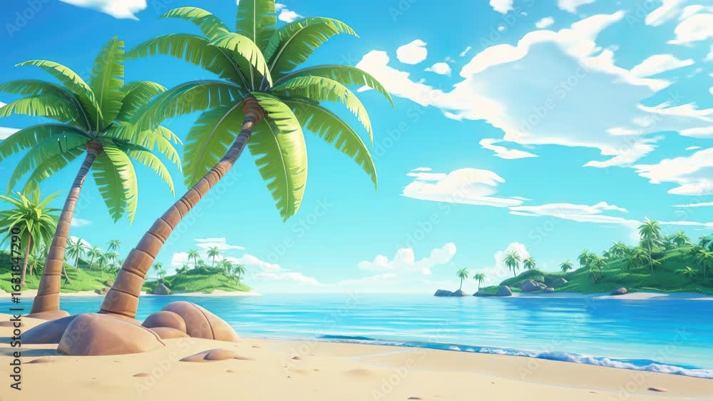 Vibrant, animated tropical beach scene with palm trees and clear skies