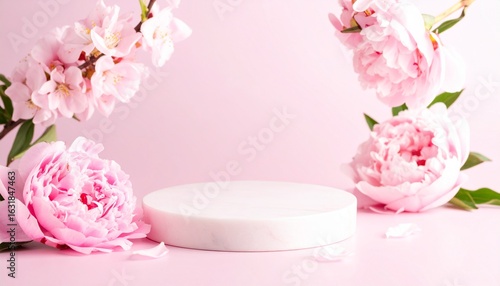 Wallpaper Mural Feminine floral-themed podium with a soft white pedestal surrounded by delicate pink peonies and cherry blossoms. Torontodigital.ca