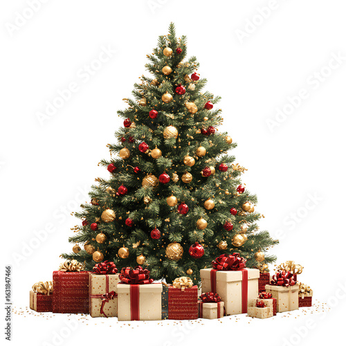 A Christmas tree decorated with golden and red ornaments, surrounded by presents, isolated on a transparent background cutout PNG