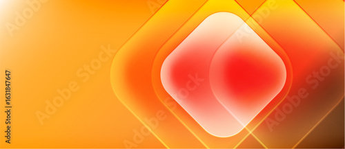 Bright orange background features layered diamond shapes. Red center draws focus, creating glowing effect. Smooth gradients dominate composition.