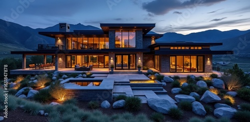 Modern luxury mountain home with pool and evening lights