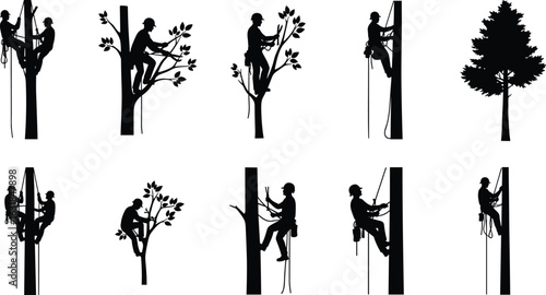 Tree trimming worker silhouette set, arborist climbing and cutting branches, tree maintenance vector illustration, forestry service, tree cutter safety gear design