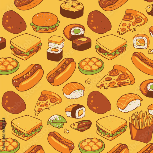 Vector illustration of a food pattern. A collection of fast food icons like hamburgers, sushi, and pizza on a seamless background.