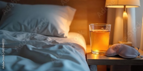 A calming scene of a nightstand with a glass of golden liquid, beside a book and a sleep mask, ready for a relaxing bedtime ritual , golden hour, cozy