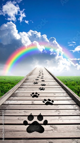 Wooden path leading to a rainbow in a bright sky, with paw prints along the way