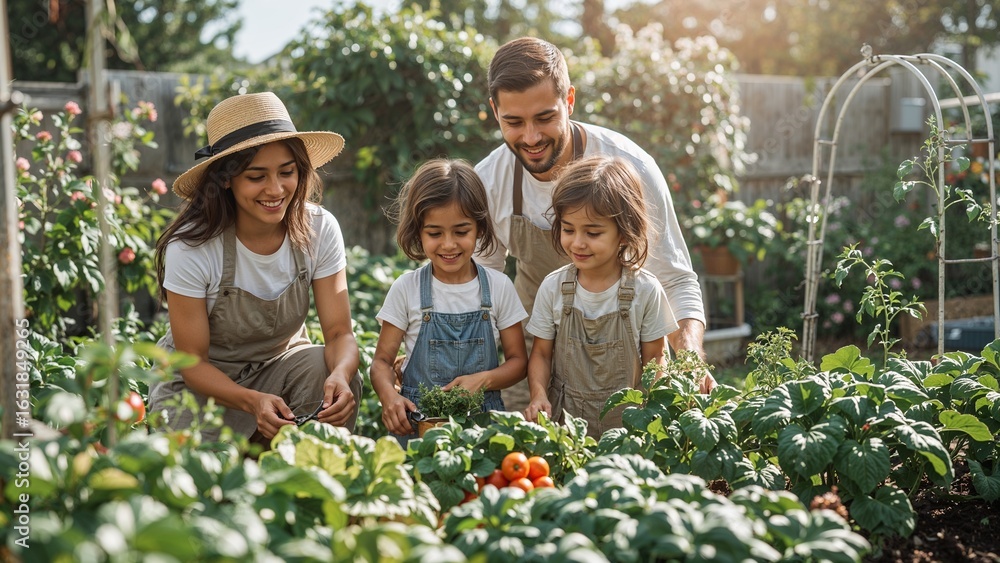 Obraz premium A family of four working together in their garden with tomatoes and leafy green vegetables growing