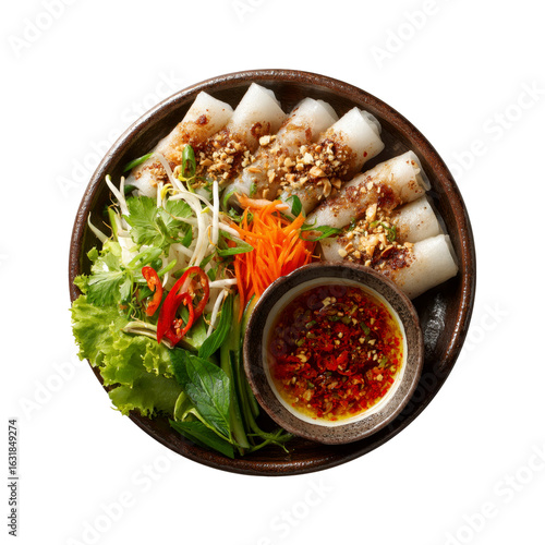 Overhead View of Delicious Banh Cuon Vietnamese Rice Rolls with Dipping Sauce and Fresh Herbs