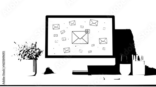 Illustration of a computer screen displaying email icons with a plant and desk supplies nearby in black and white